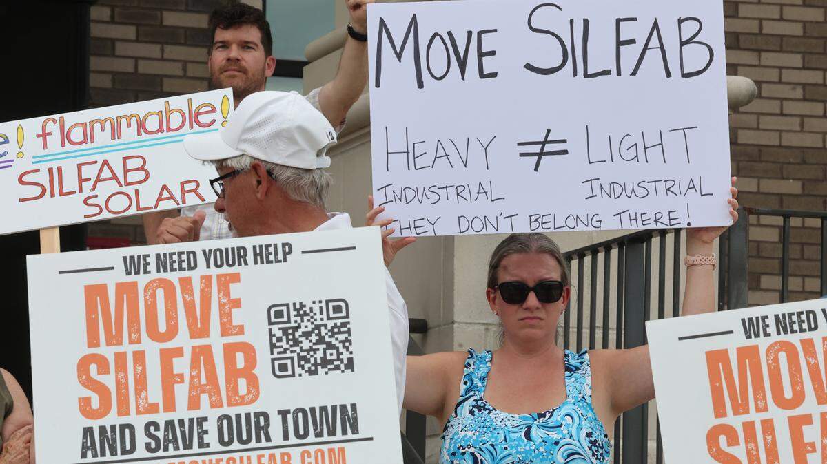 Parents say they wish the district would do more to protect kids from dangers associated with Silfab Solar site. This photo shows demonstrators protesting Silfab Solar at the York County Government Center in May.