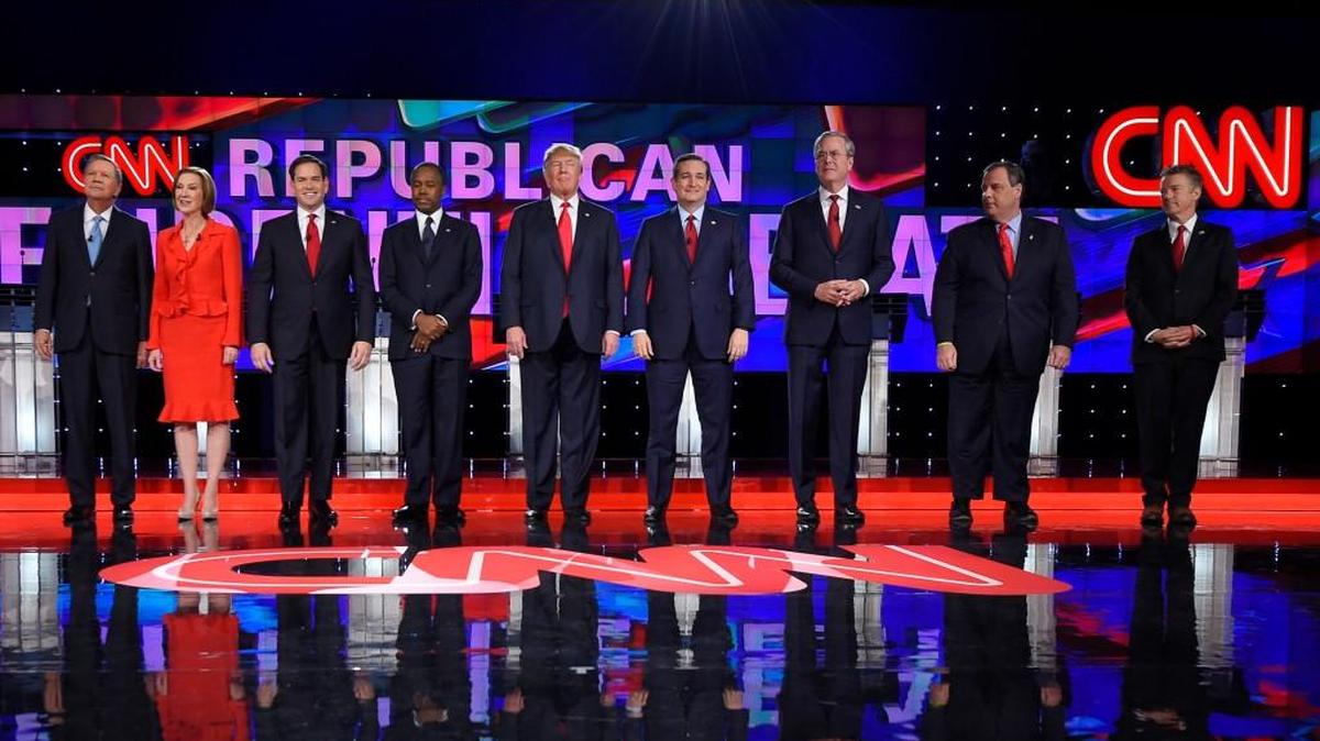 Republican presidential candidates, from left, John Kasich, Carly Fiorina, Marco Rubio, Ben Carson, Donald Trump, Ted Cruz, Jeb Bush, Chris Christie, and Rand Paul take the stage during the CNN Republican presidential debate Tuesday in Las Vegas.