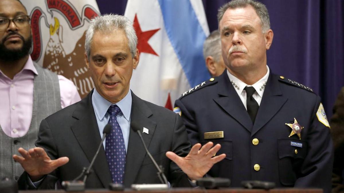 Chicago Mayor Rahm Emanuel, left, and Police Superintendent Garry McCarthy appear at a news conference Tuesday in Chicago, announcing first-degree murder charges against police officer Jason Van Dyke in the 2014 shooting death of 17-year-old Laquan McDonald.