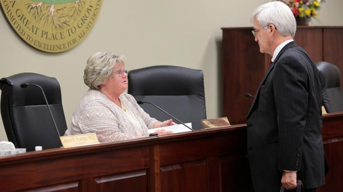 
Chester County School Board Chairwoman Denise Lawson speaks with school district attorney William “Bick” Halligan during a recent meeting.
