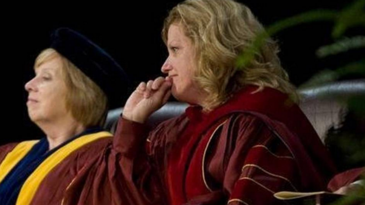 Winthrop University trustees Chairwoman Kathy Bigham, left, with then-President Jamie Williamson.