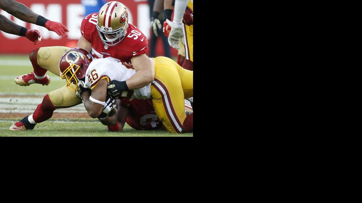 
FILE - In this Sunday, Nov. 23, 2014, file photo, San Francisco 49ers inside linebacker Chris Borland (50) tackles Washington Redskins running back Alfred Morris (46) during the second half of an NFL football game in Santa Clara, Calif. The 49ers announced late Monday, March 16, 2015, that Borland is retiring after one season, without offering specifics.
