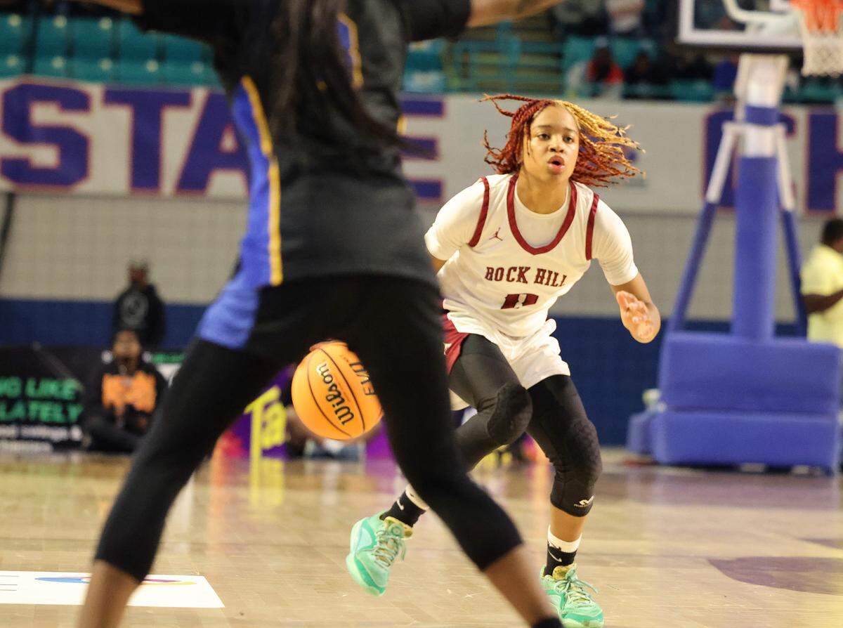 Rock Hill’s Aubrey Stevenson heads to the basket Friday at the S.C. Class 5A girls basketball state championships in Florence, S.C.