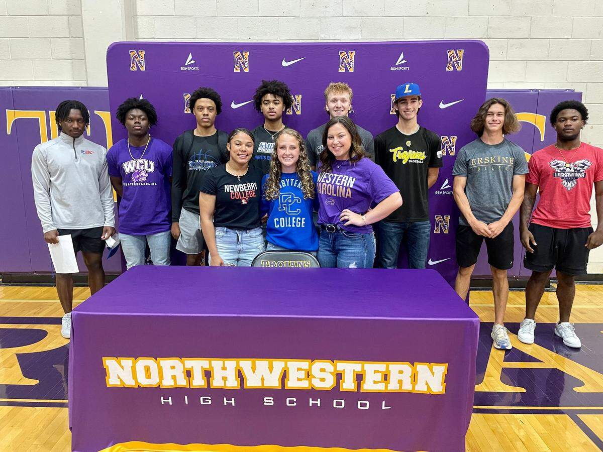 Meet the Northwestern Spring 2022 signing class. Top row (from left): Austin Wilkes, Calique Cunningham, Omari Bryson, Jalen Burnett, Michael Gibson, Nathan Clack, Joseph Tindale, Ashton Latta. Bottom row (from left): Shania Easley, Addison Meeker, Isabella Fazio.