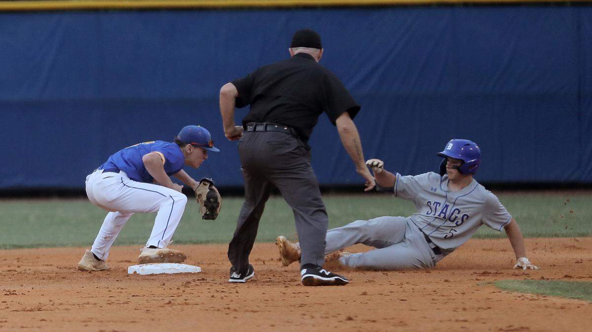 Fort Mill’s Dylan Schaefer tags Berkley’s Jackson Proctor at second base.