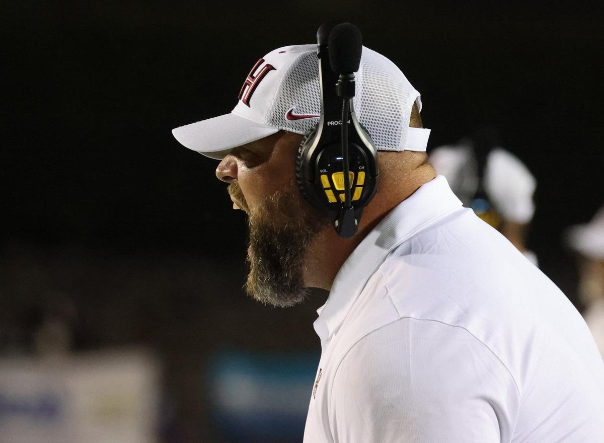 Rock Hill High School head football coach Randy Birch yells at his players Friday at the WRHI Football City USA scrimmage in Rock Hill.