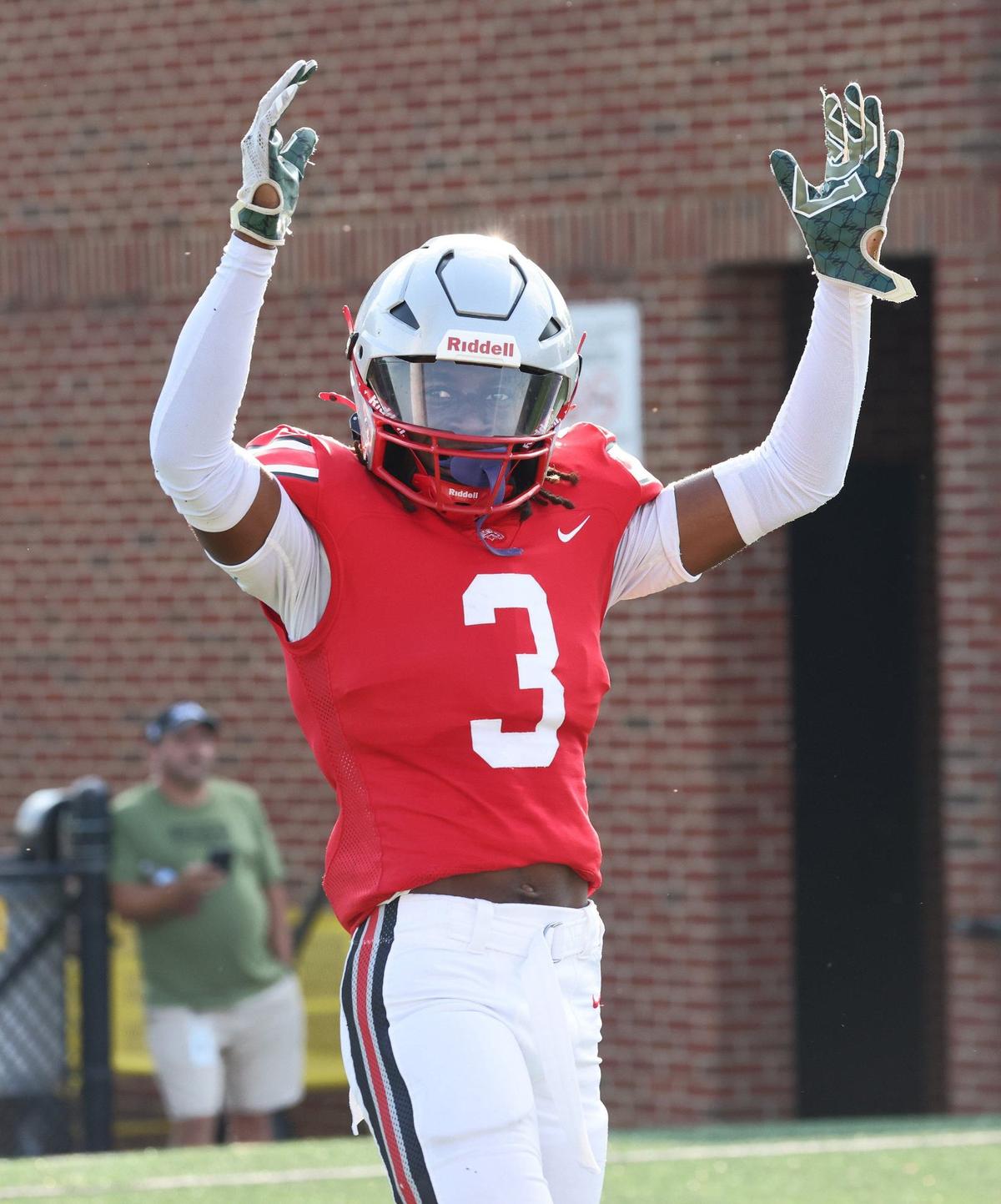South Pointe’s Jaden Barnet celebrates after a play Friday at the WRHI Football City USA scrimmage in Rock Hill.
