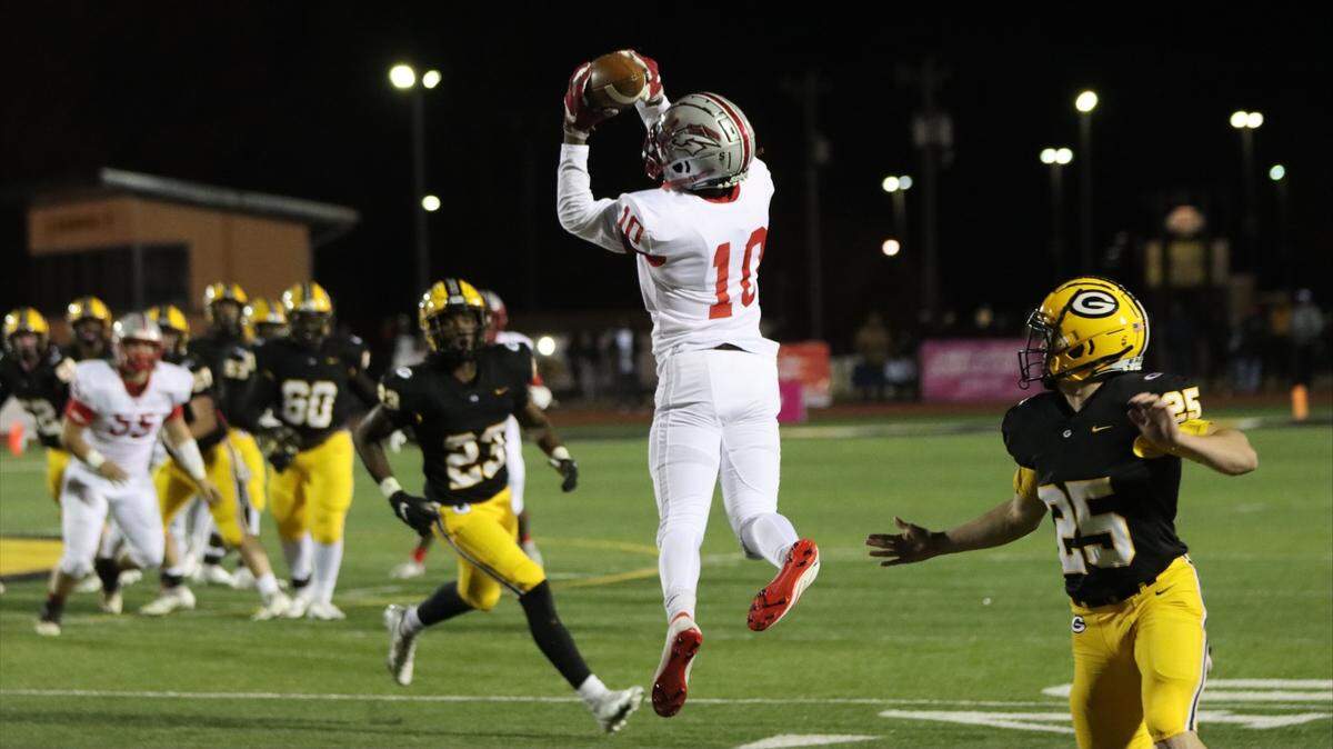 South Pointe’s Jaylen Stratford snags an interception in the team’s third-round playoff game against Greenwood on Friday, Nov. 19, 2021.