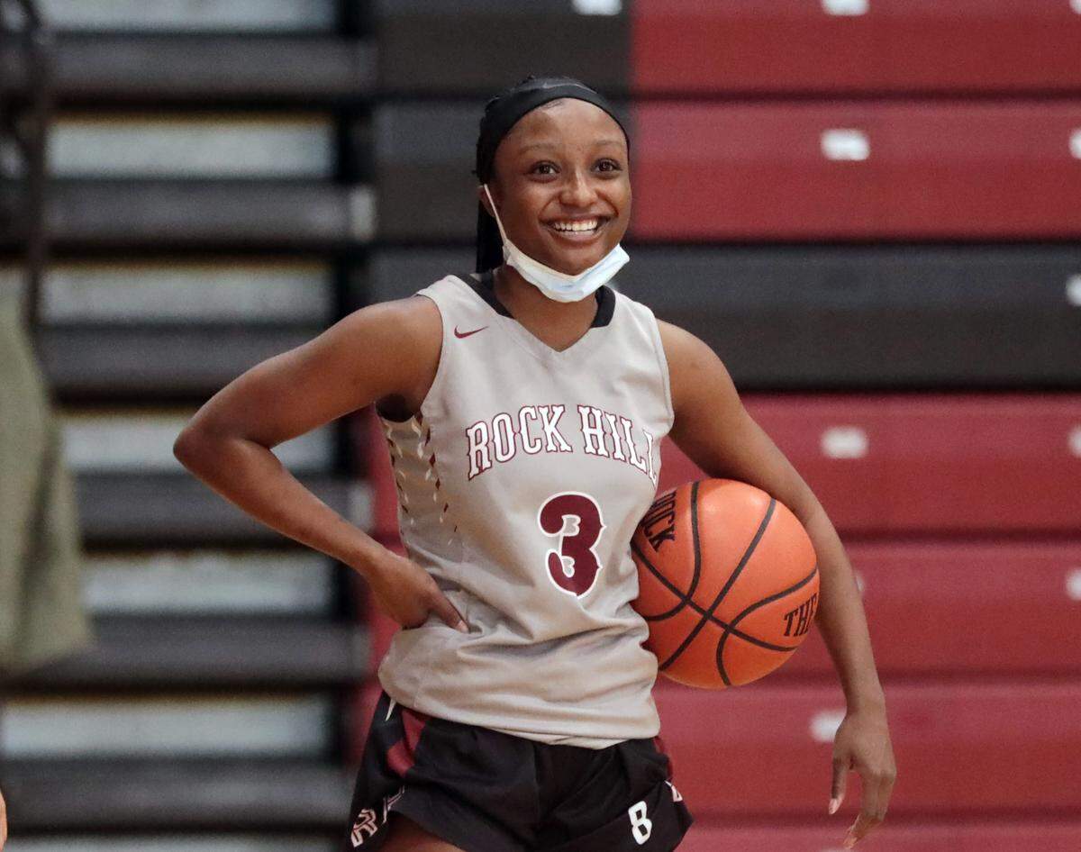 Rock Hill High School girls varsity basketball player Laila Hankerson practices on Thursday, Feb. 10, 2022.