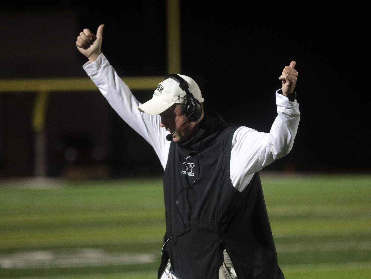 York Comprehensive High School varsity football coach Dean Boyd gives two thumbs up after a favorable call.