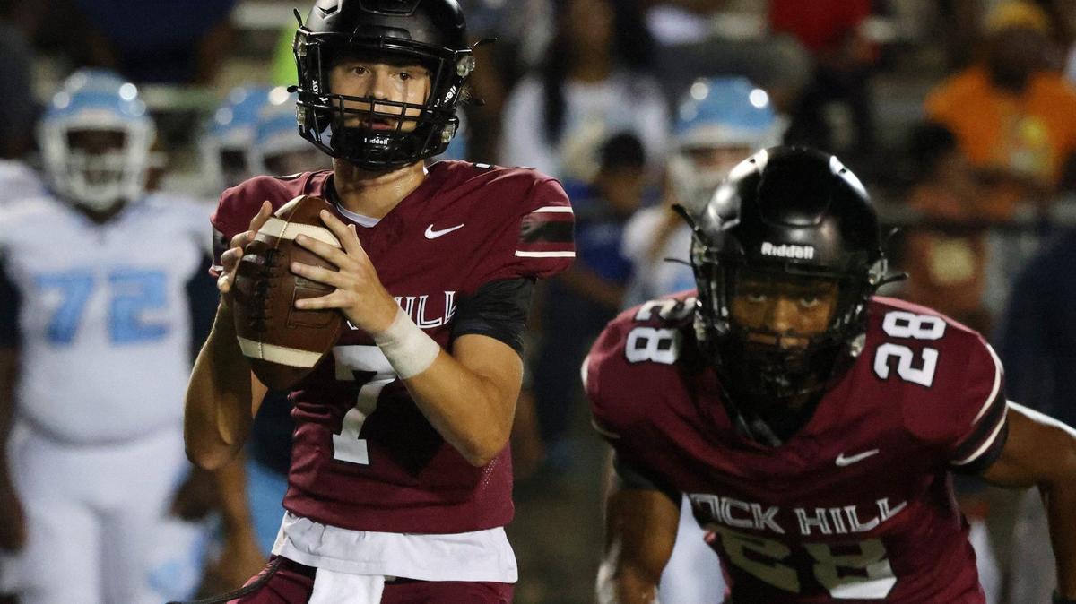 Rock Hill’s Ian Grisson watches Zac Jackson Friday at the WRHI Football City USA scrimmage in Rock Hill.