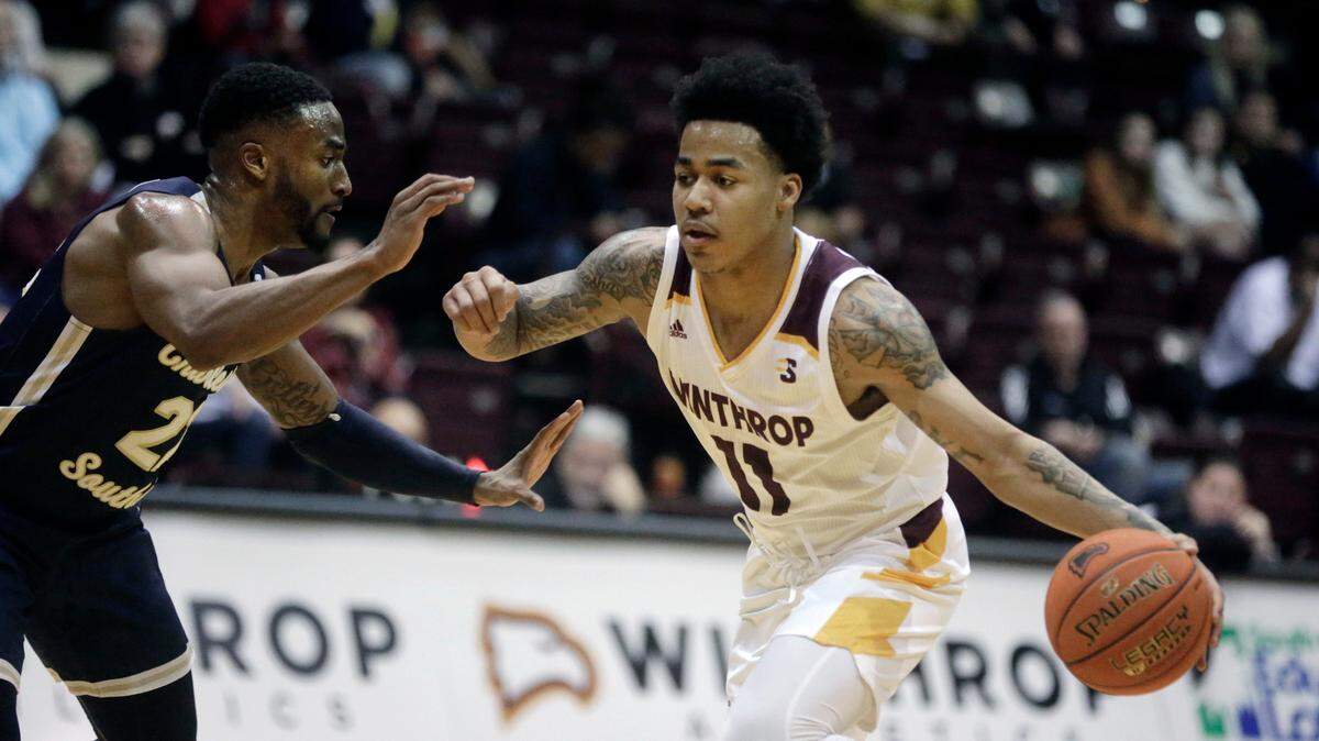 Winthrop’s Kasen Harrison heads to the basket. After two years at his hometown school of Lamar University, the Beaumont, Texas, native has found a nice rhythm in his first year at Winthrop.
