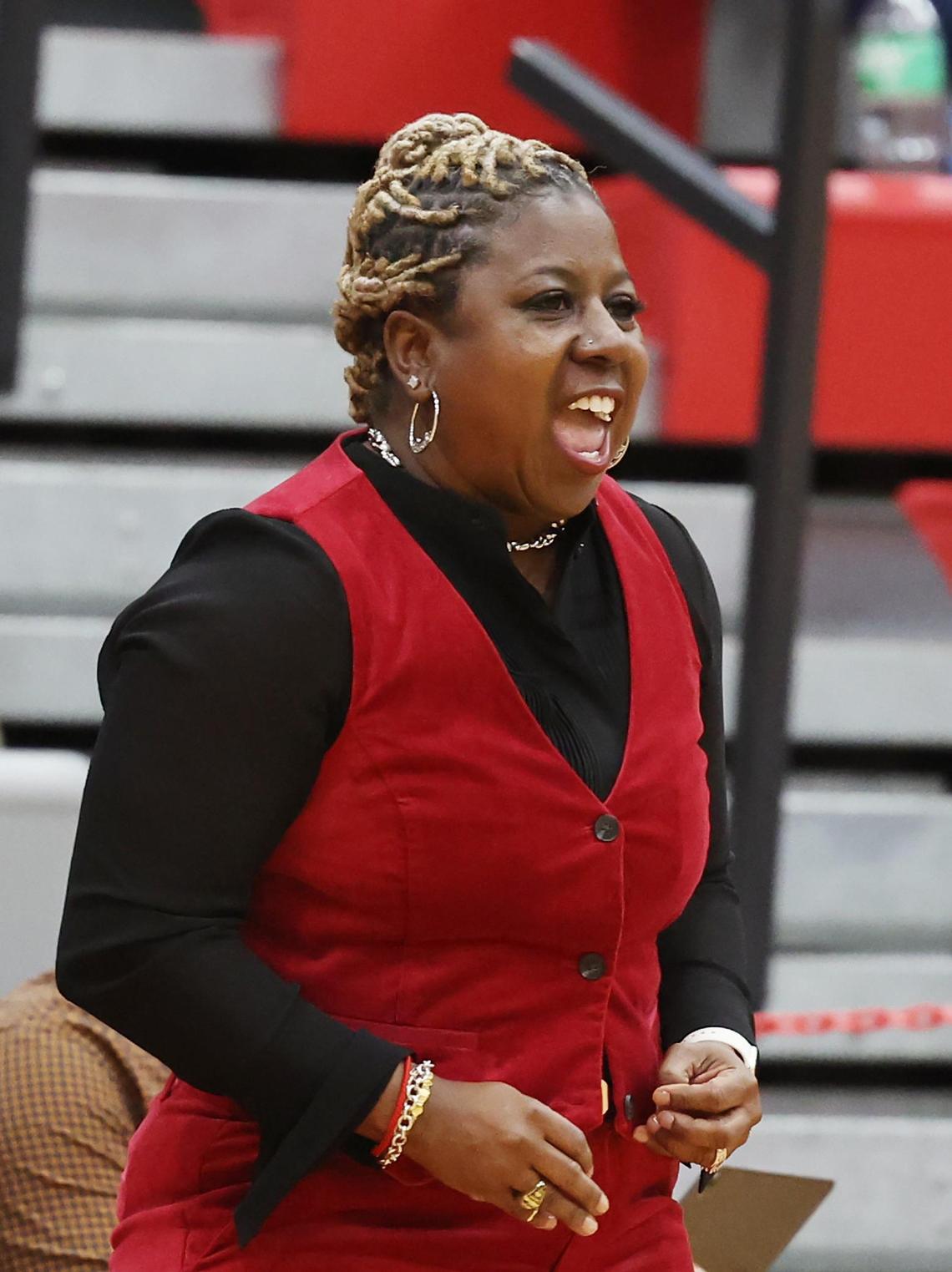 South Pointe High School head girls basketball coach Stephanie Butler-Graham yells to her team Tuesday in Rock Hill, S.C.