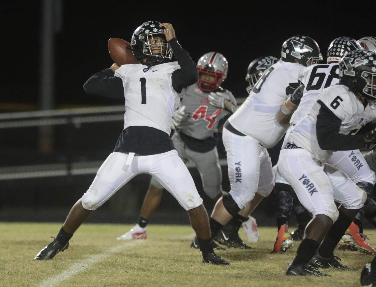 York’s Aiden Davis looks for an opening Friday as the Cougars take on the South Pointe Stallions in Rock Hill.