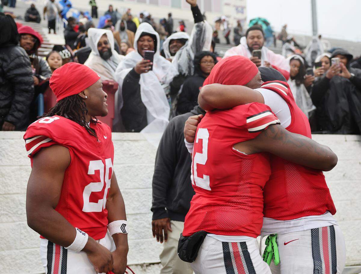 South Pointe High School varsity football players celebrate Saturday, Dec. 6, 2025 after winning the SC High School League Class 4A football championship in Orangeburg, S.C.