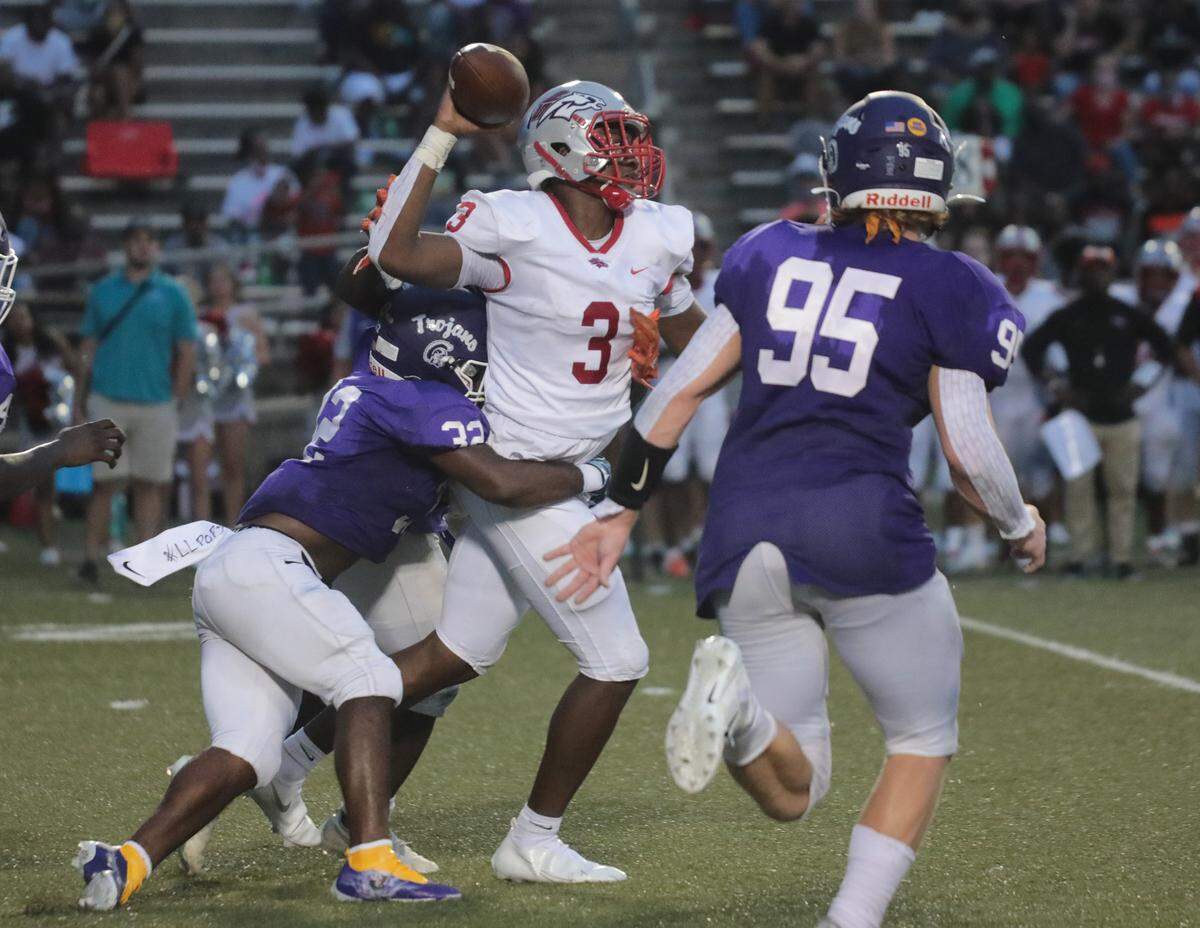 South Pointe quarterback Zay McCrorey is sacked by Northwestern’s Ashton Latta.