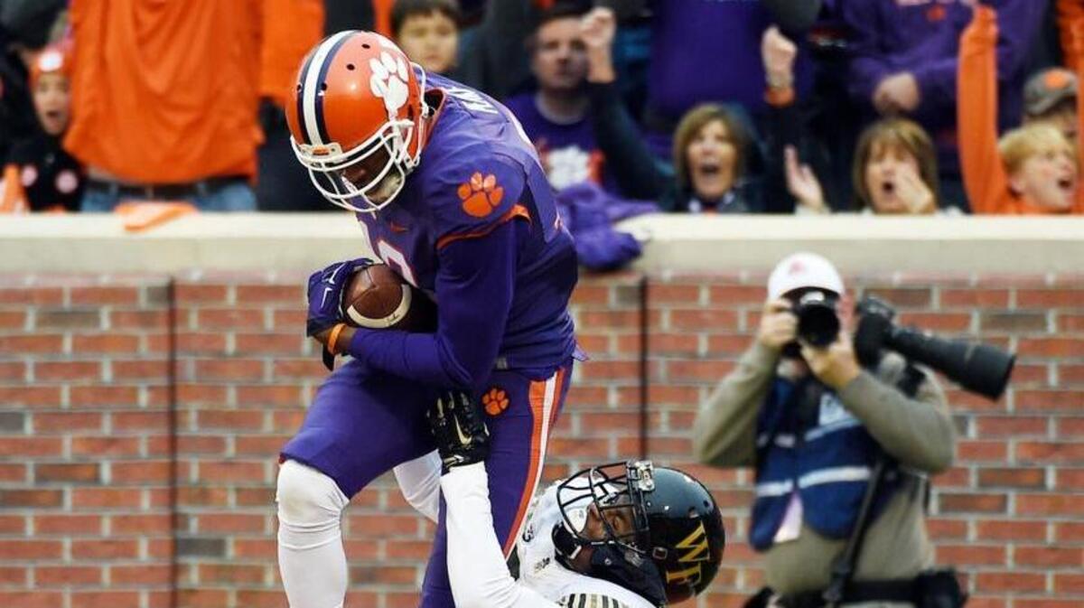 Clemson wide receiver Charone Peake (19) catches a pass for a touchdown as Wake Forest defensive back Brad Watson defendson Saturday.