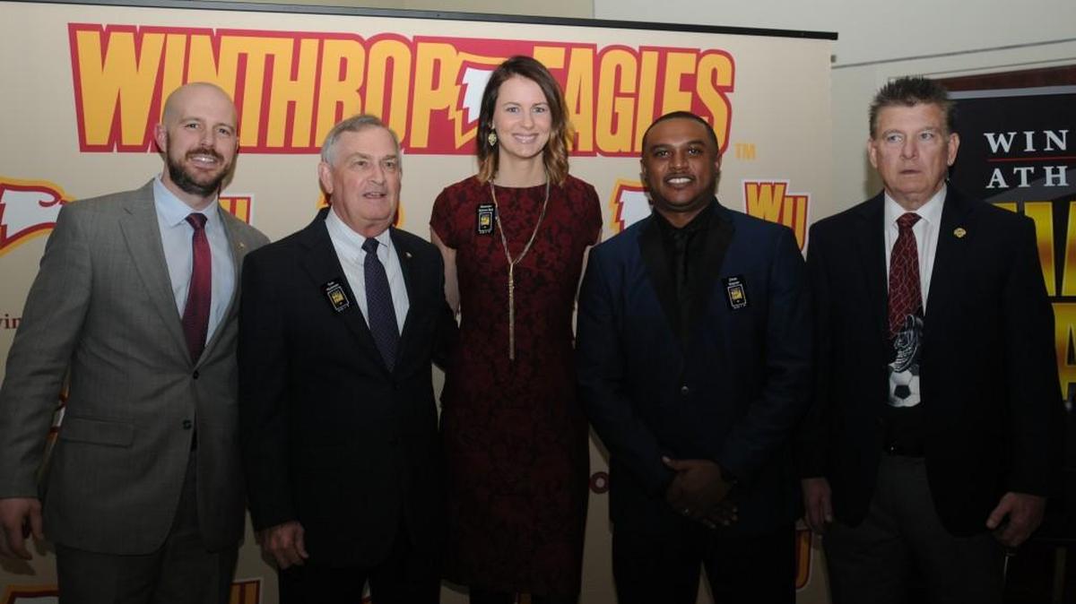 (From left) Winthrop athletic director Ken Halpin with Hall of Fame inductees Tom Hickman, Shannon Sitzmann, Chris Gaynor and Rich Posipanko.