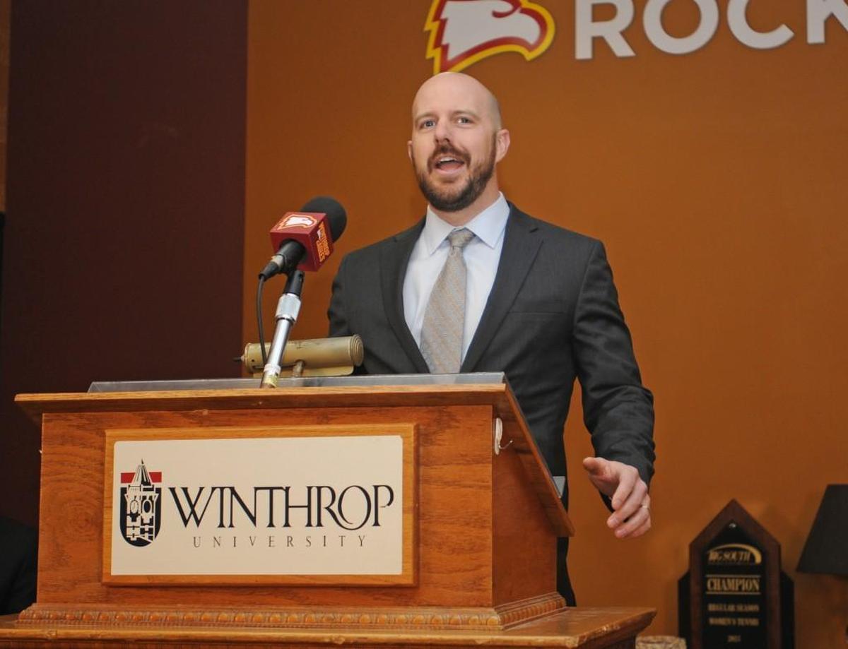Herald file 2016: Here is Ken Halpin at his introductory press conference in 2016. Halpin left Winthrop in July for a job in Purdue’s athletics administration.