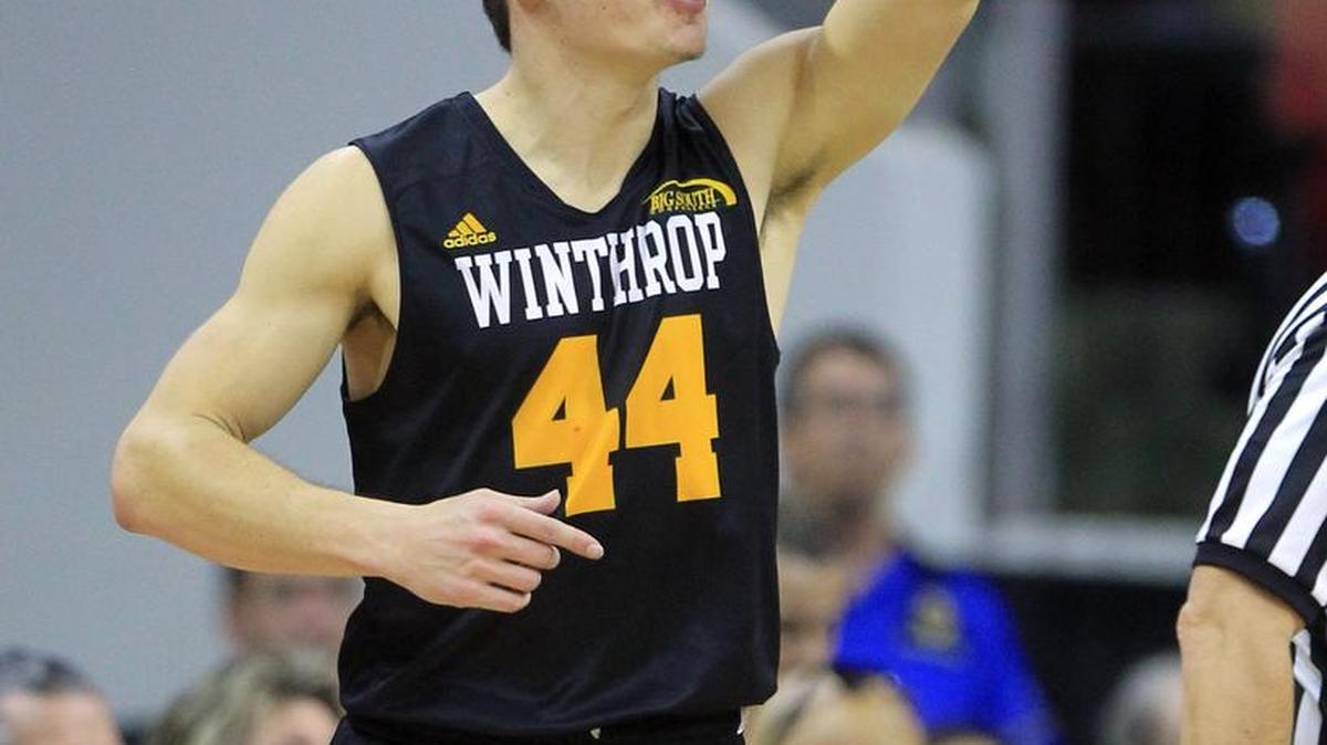 Winthrop's Jimmy Gavin (44) celebrates after making a basket during the second half of N.C. State's 87-79 victory over Winthrop at PNC Arena in Raleigh, N.C., Nov. 27, 2015.