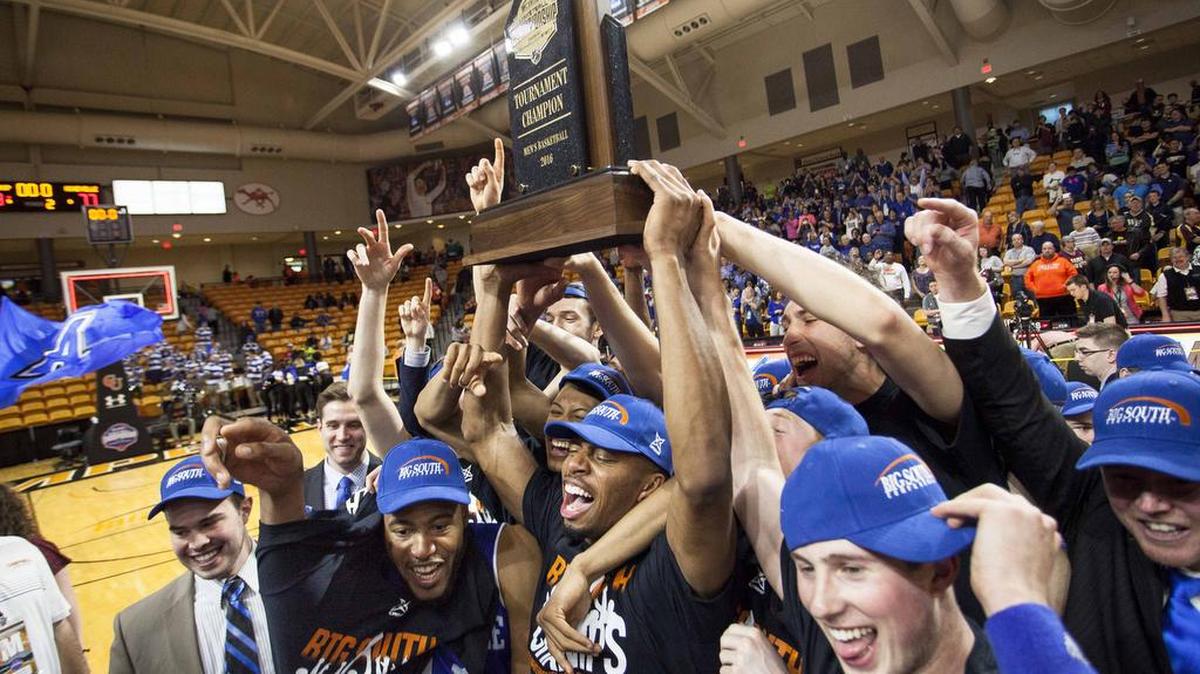 UNC Asheville celebrates after winning the Big South Conference Championship game against Winthrop in Buies Creek, N.C., Sunday, March 6, 2016. UNC Asheville defeated Winthrop 77-68.