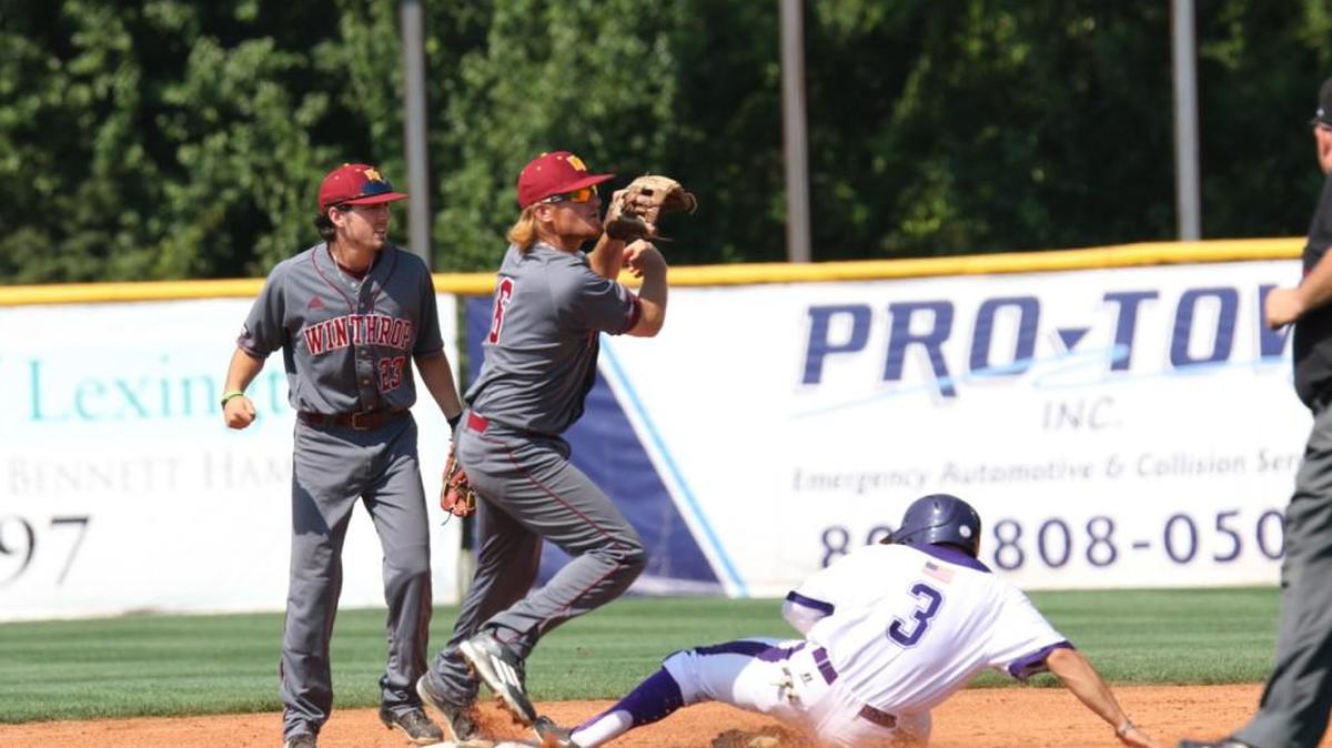 Winthrop shortstop Kyle Edwards fires to first after making the force out at second against High Point Wednesday morning in Lexington.