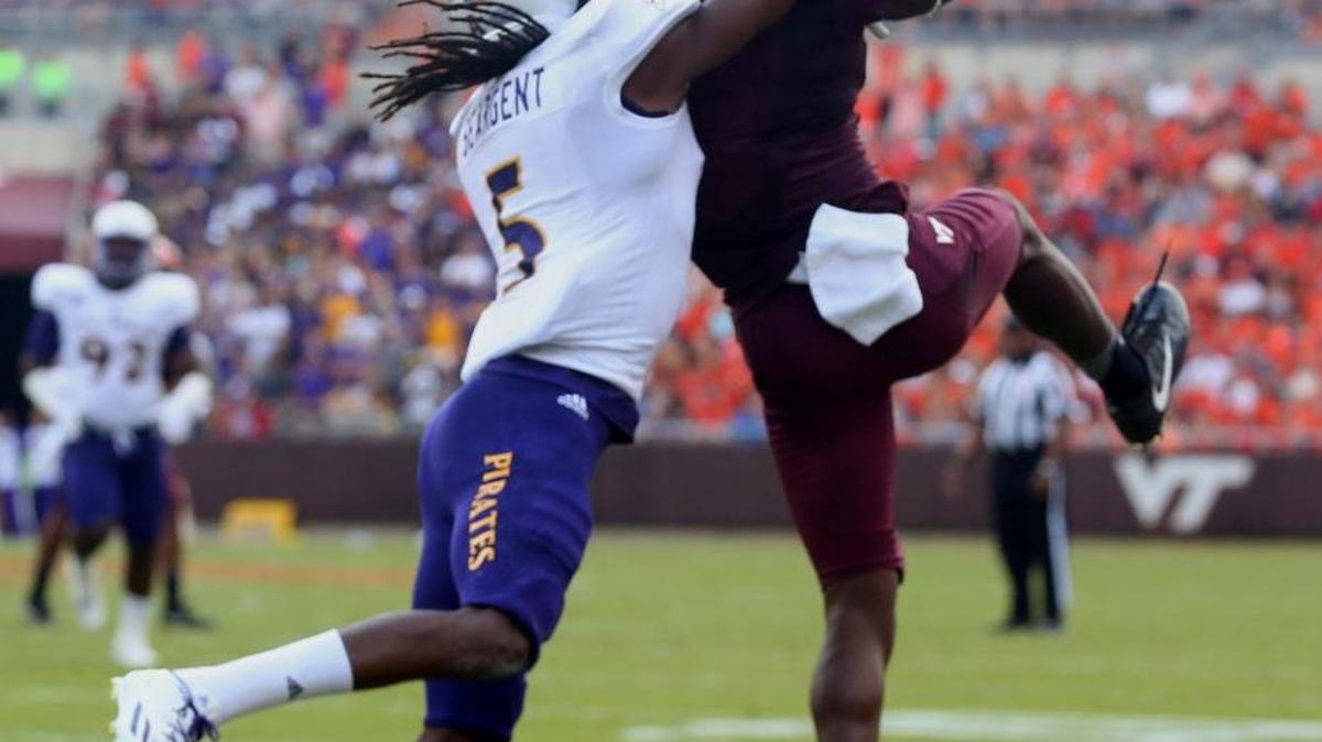 Virginia Tech wide receiver Isaiah Ford (1) catches a touchdown pass in front of East Carolina defender Corey Seargent (5) in the first quarter of an NCAA college football game in Backsburg, Va., Saturday, Sept. 24 2016.