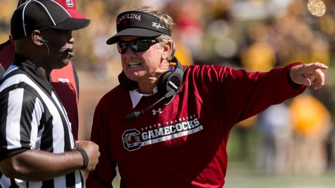 
Former USC head coach Steve Spurrier arguing a call during a game against Missouri this month. 
