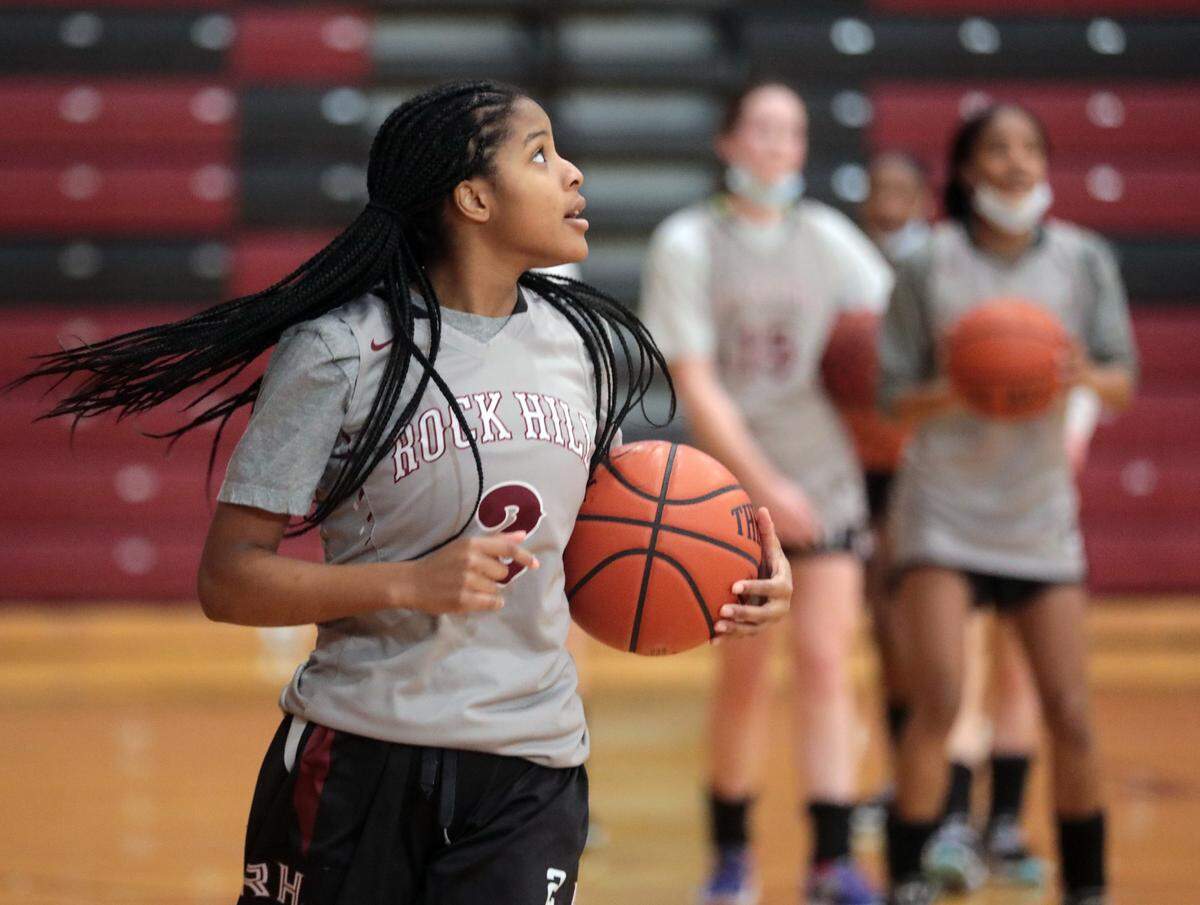 Rock Hill High School girls varsity basketball player Alyssa Hankerson practices on Thursday, Feb. 10, 2022.