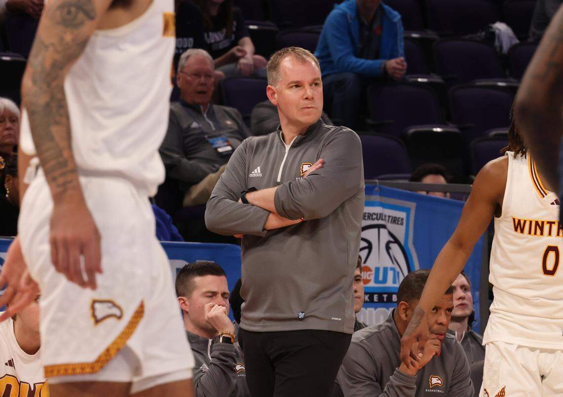Winthrop University men’s baskeball head coach Mark Prosser watches the final moments of the game at the Big South Tournament on Friday, March 8, 2024