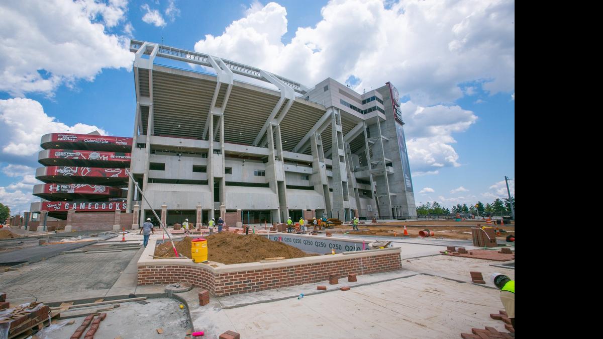 
Work continues to get Springs Brooks Plaza around Williams-Brice Stadium ready for the first home game on Sept. 12. It's a $14 million project, and will include new statue honoring Georgia Rogers and bricks with names of donors around the Plaza area. This is the northwest corner. 
