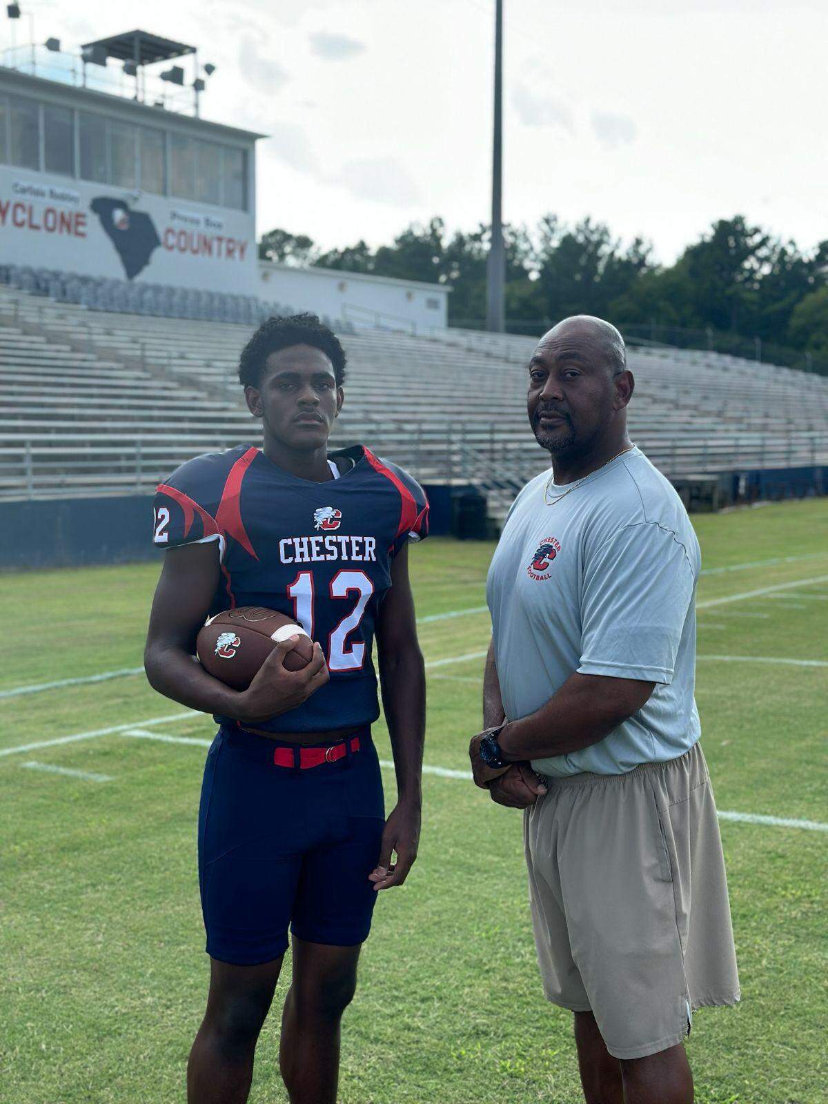 Chester senior starting quarterback Trooper Floyd (left) and head coach Victor Floyd (right)