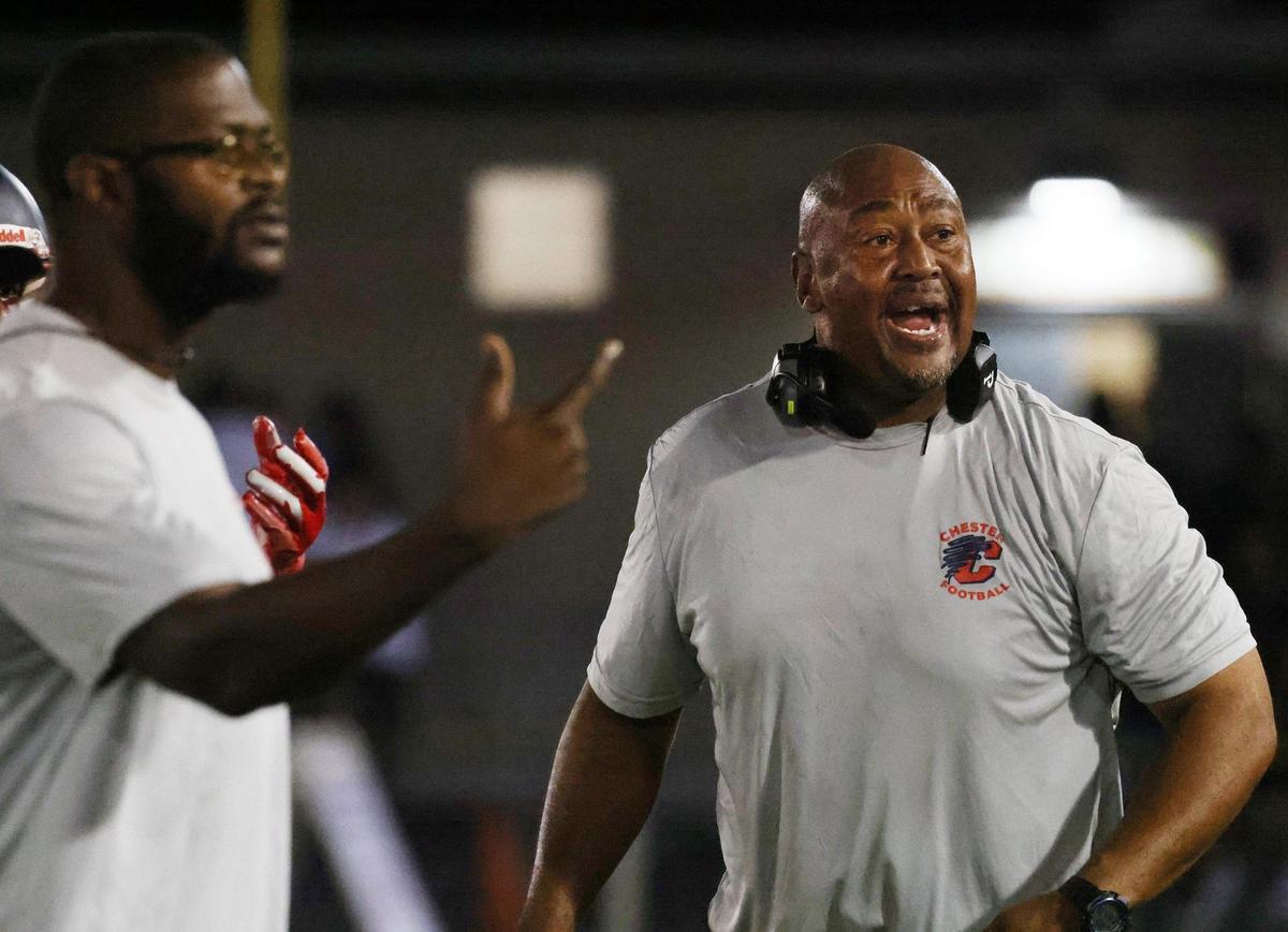 Chester High School varsity football head coach Victor Floyd yells to one of his players Friday at a scrimmage in Union.