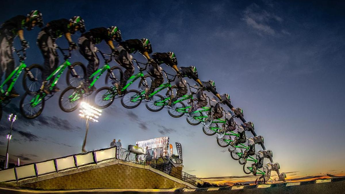 
Craig Dutton’s beautiful shot captured American rider Barry Nobles whizzing through the sky as the sun set over the Novant Health BMX Supercross track Wednesday night. The UCI BMX Supercross World Cup begins Friday and runs through Saturday in Rock Hill.
