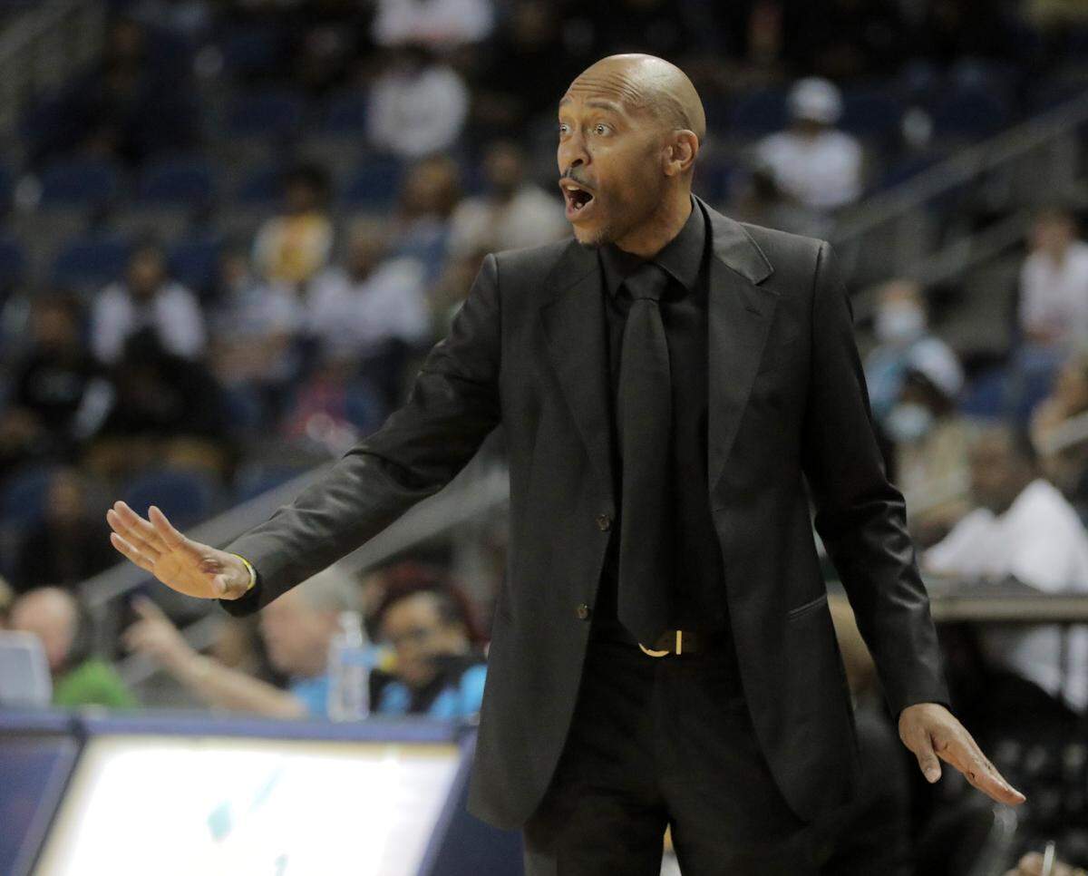 York Prep boys basketball coach Larry Davis talks to his team as they compete in the Class 2A state championship game in Aiken.