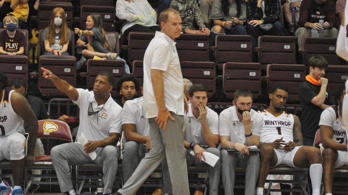 Winthrop head coach Mark Prosser walks the sideline of Winthrop’s season-opening (and tenure-opening) win over Mary Baldwin on Tuesday in Rock Hill.