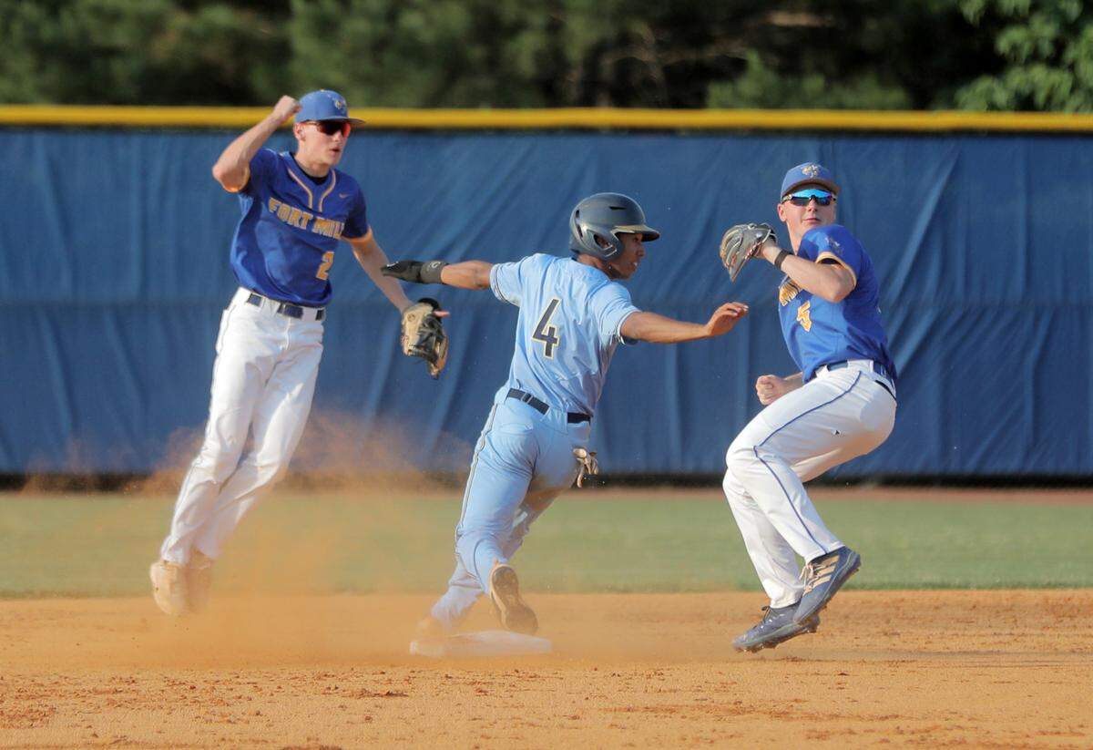 Fort Mill’s Connor Rasmussen, right, throws back to home plate as Dylan Schaefer watches.
