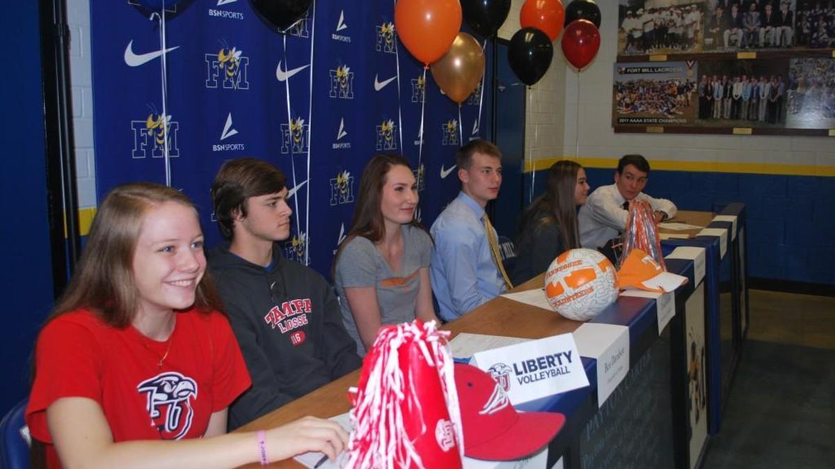 Six Fort Mill High athletes signed college letters of intent Thursday. They are, from left, Payton Carter, Ben Davidson, Tessa Grubbs, Matt Russell, Karlee Stinson and Zeth Sutton.