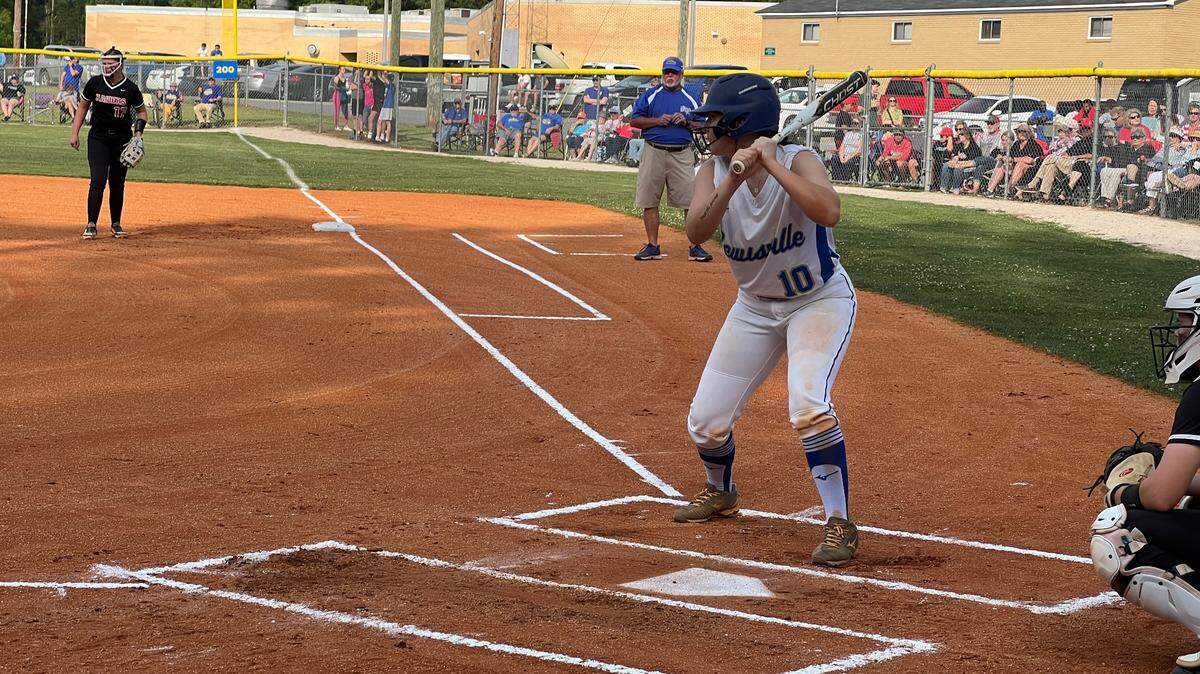 Alyssa Rollings (white, 10) stands at the plate for Lewisville in their 1-0 win over Hannah-Pamplico in Game 1 of the Class A Softball State Championship Series.