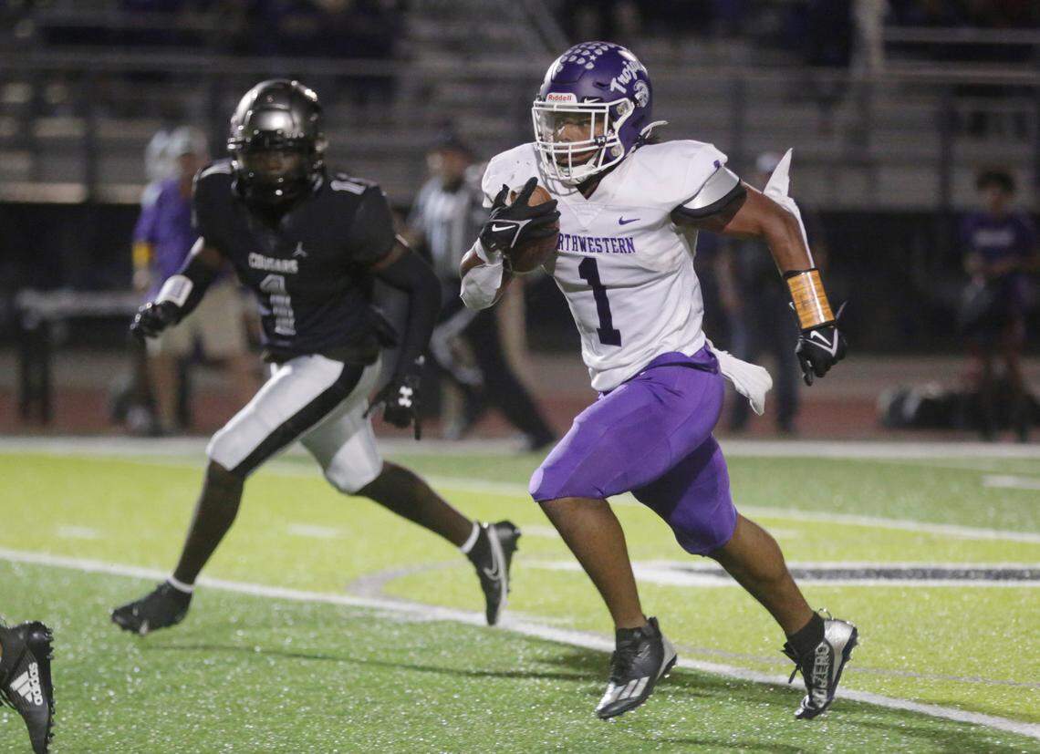Northwestern’s Turbo Richard heads to the end zone for a touchdown Friday, Oct. 13, 2023 in York.