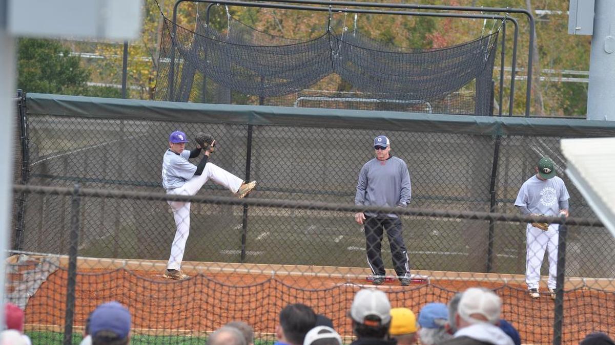 
John Gilreath pitched in front of this onlooking group of college and pro baseball scouts during the Diamond Prospects Fall Showcase. Gilreath committed to play college ball for the South Carolina Gamecocks on Monday.

