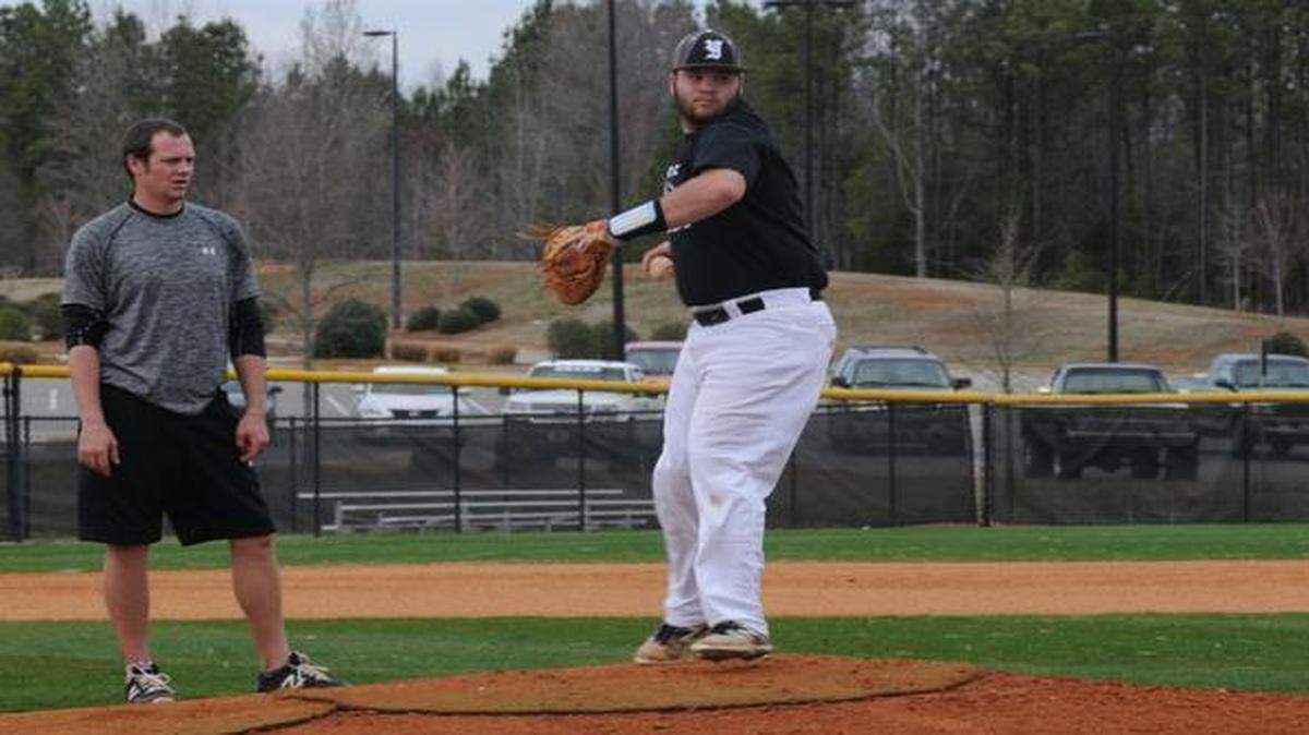 
Will Prince works on pickoff moves Monday during York baseball practice, while first-year head coach Eddie Tisdale advises. During his time as a player at Winthrop, Tisdale coached Prince’s fall team in 2006. Prince wears No. 22 to this day because that’s the number that Tisdale wore.
