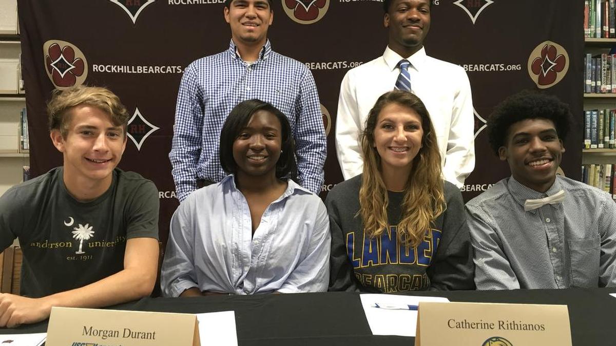 Rock Hill signees (top left, clockwise) Bryan Aguilar, Lance Crayton, C.J. McClure, Catherine Rithianos, Morgan Durant and Joey Teachout.