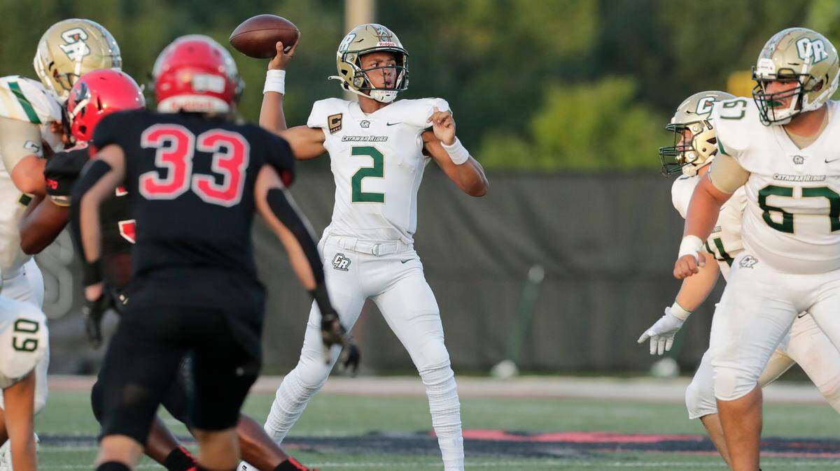 Catawba Ridge quarterback (2) Jadyn Davis throws a pass as Nation Ford hosts Catawba Ridge in a Friday night cross town football rivalry, 8-27-2021.