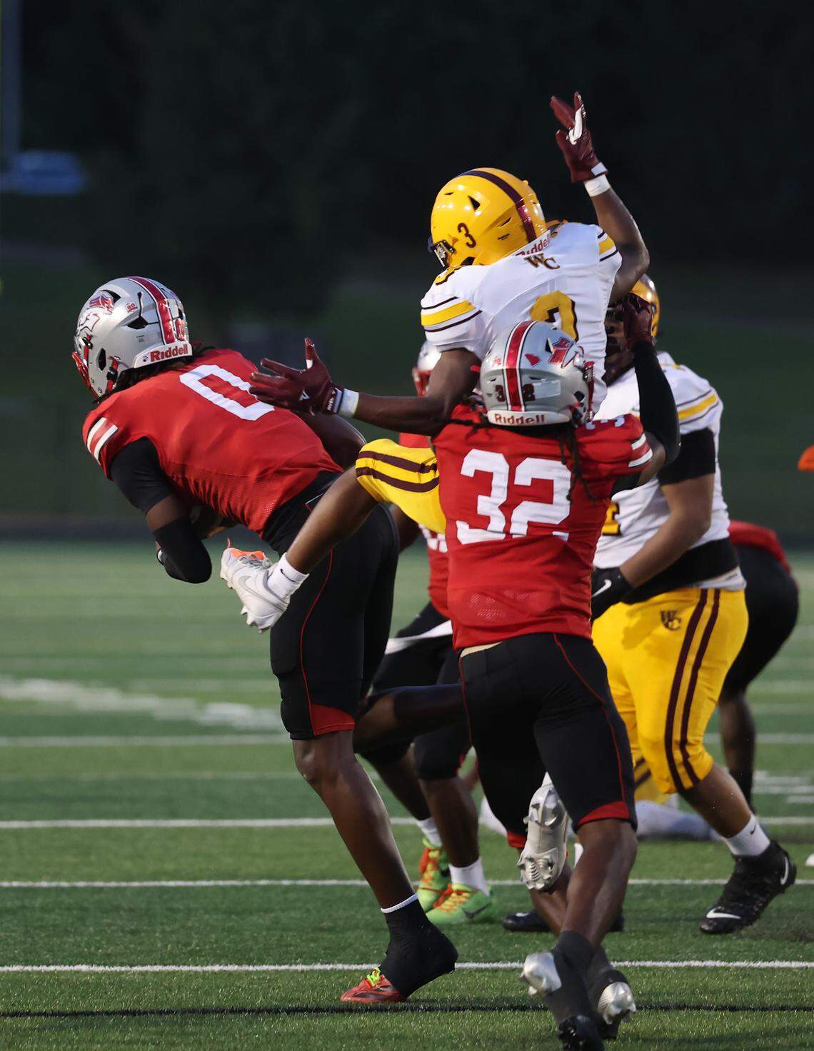 South Pointe's J'zavien Currence (0) makes an interception Friday, Sept. 5, 2025 during a match-up with West Charlotte.