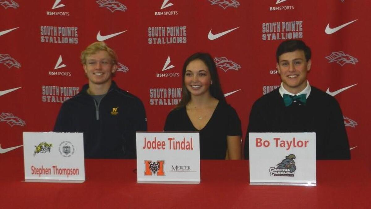From left, Stephen Thompson, Jodee Tindal and Bo Taylor announced their college plans during a news conference at South Pointe High School in Rock Hill.