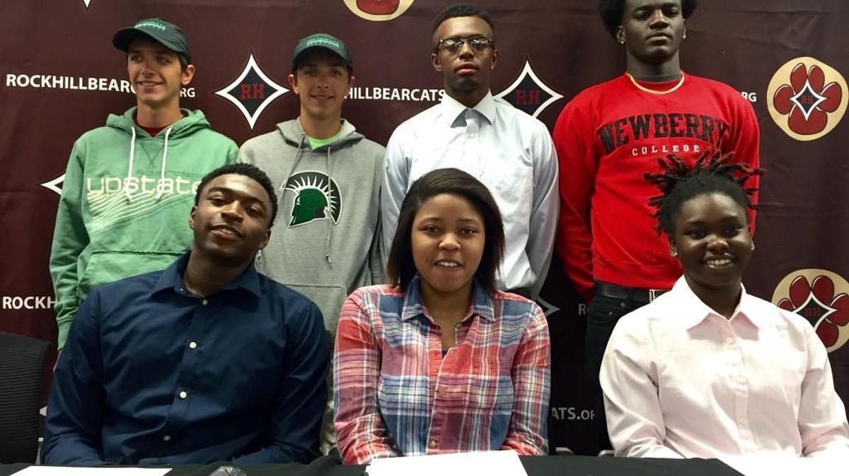 (Back to front, left to right) Jacob Coccia, Jared Coccia, Brenden Foster, Khari Hunter, Andrew Barber, Modesty Fobbs and Monique Stevenson will all continue their athletic careers at the college level.