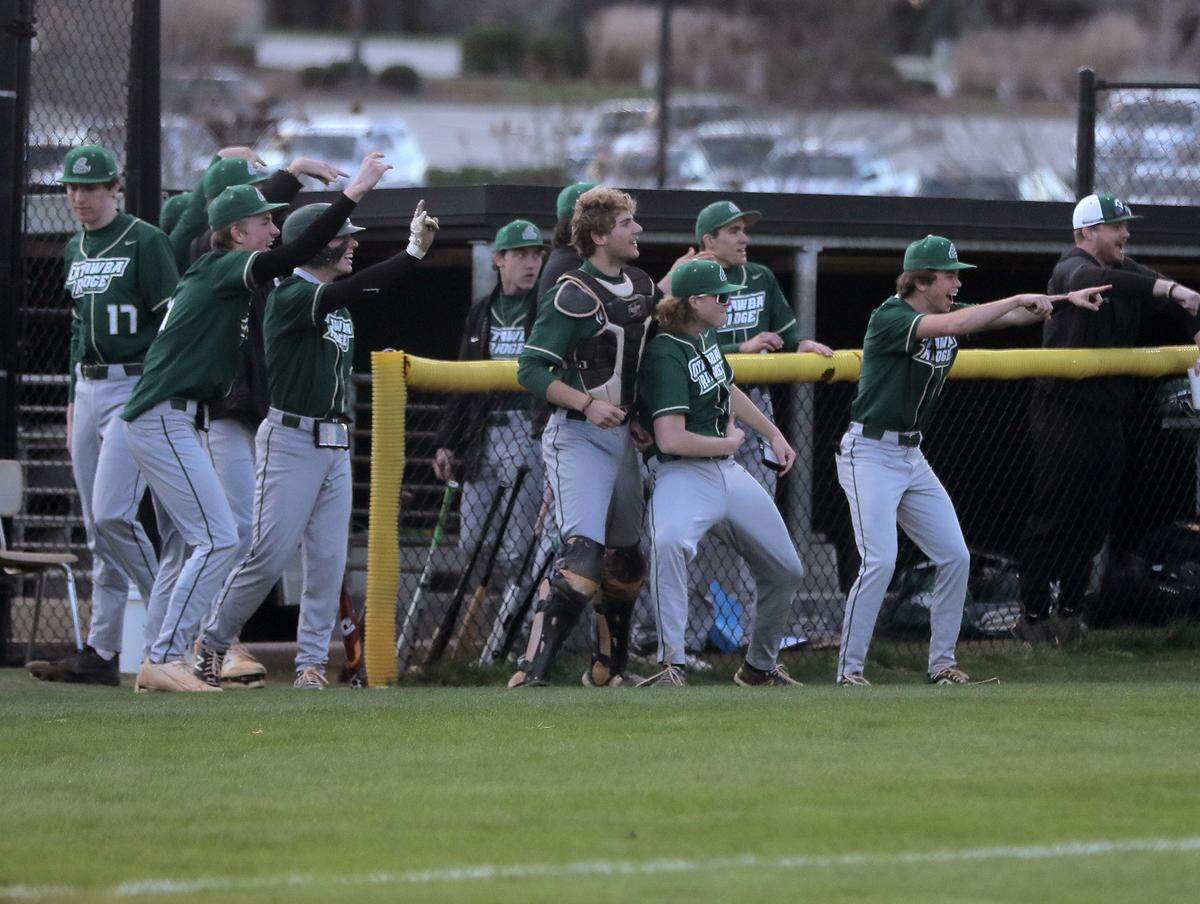 The Catawba Ridge High School baseball team celebrates after scoring a homerun Friday as the Copperheads take on the York Comprehensive Cougars in York.