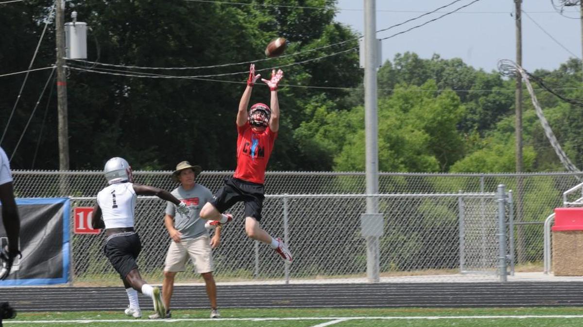 
Nation Ford’s Alex Stennett climbed the ladder to make this grab during the Cam Newton 7-on-7 tournament against South Pointe earlier this summer.
