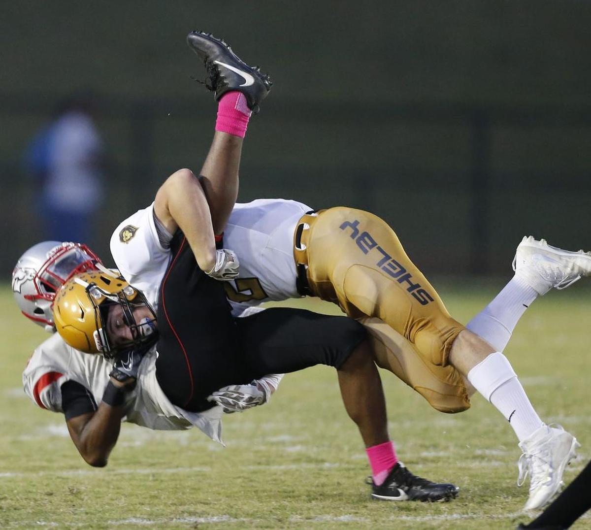South Pointe’s offensive blocking scheme handled Shelby linebacker Dax Hollifield, though the highly recruited senior did hit this Stallion receiver square in the jersey numbers.